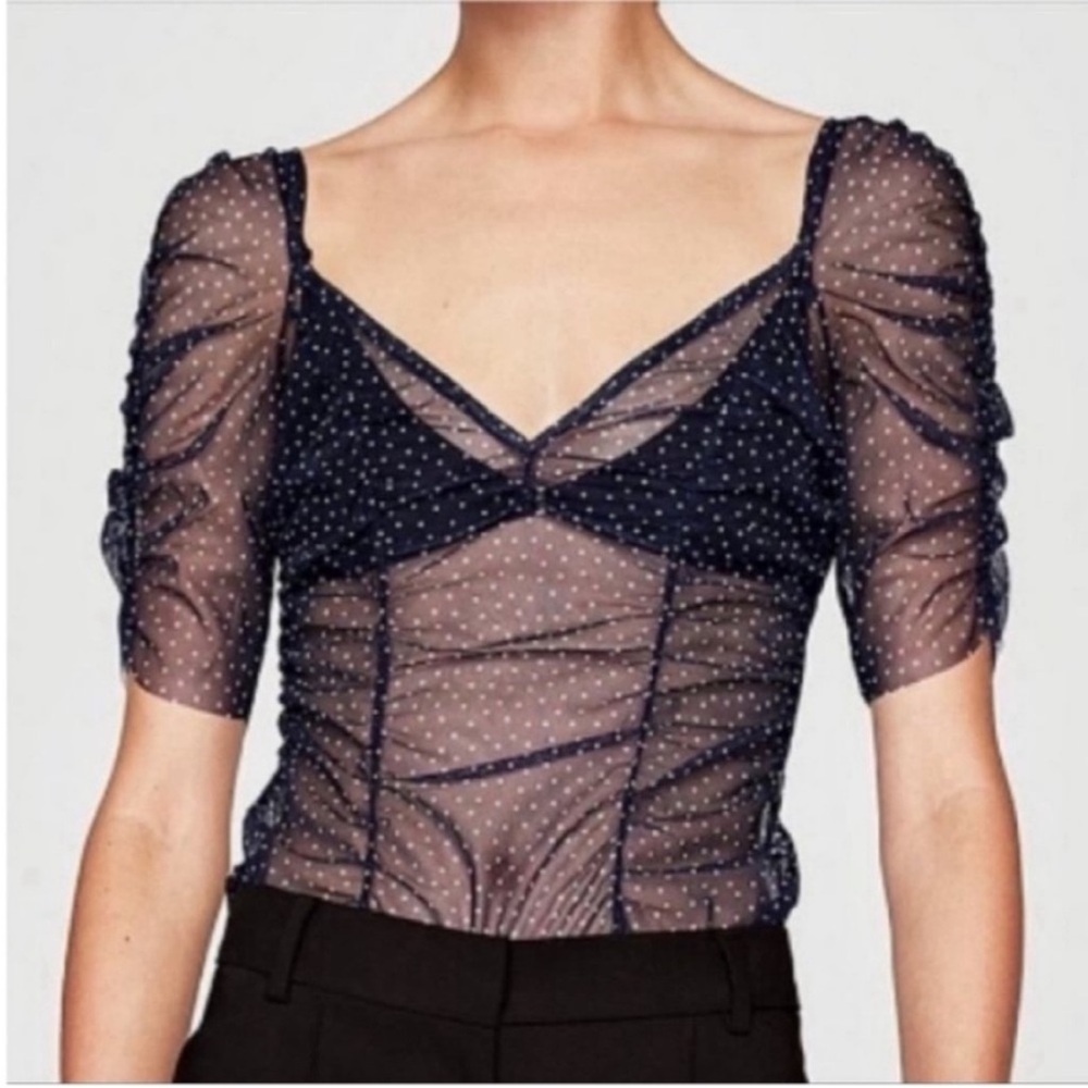 Zara sheer top navy blue white polka dots ruching sweetheart neck
